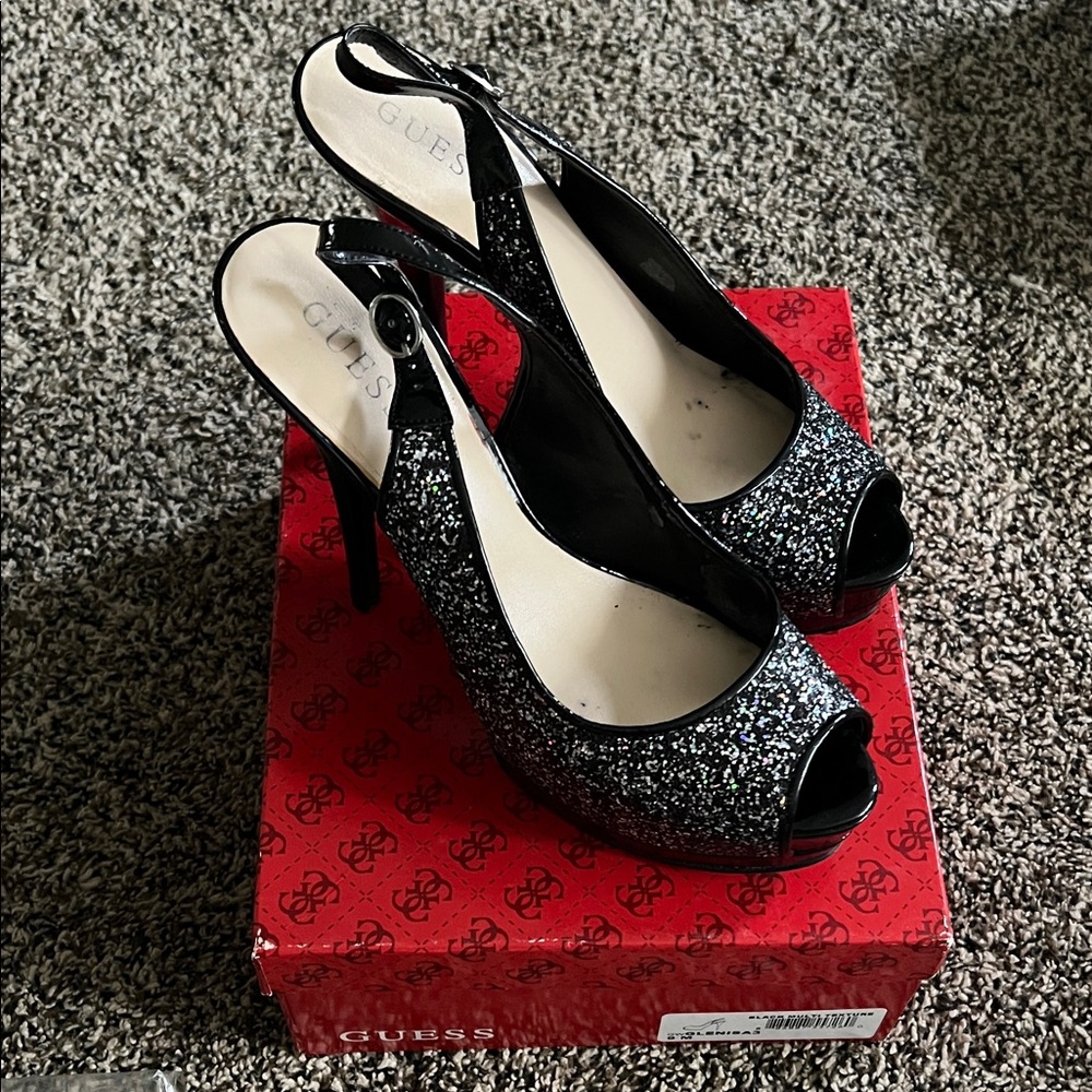 Guess Black Glitter Peep-Toe Slingback Heels